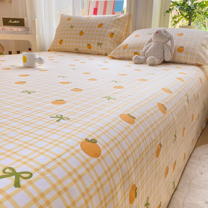 91家纺网 家纺一手货源 找家纺 晓时候 20226新款细纱原棉老粗布床单印花床单单件凉席三件套 橙意满满