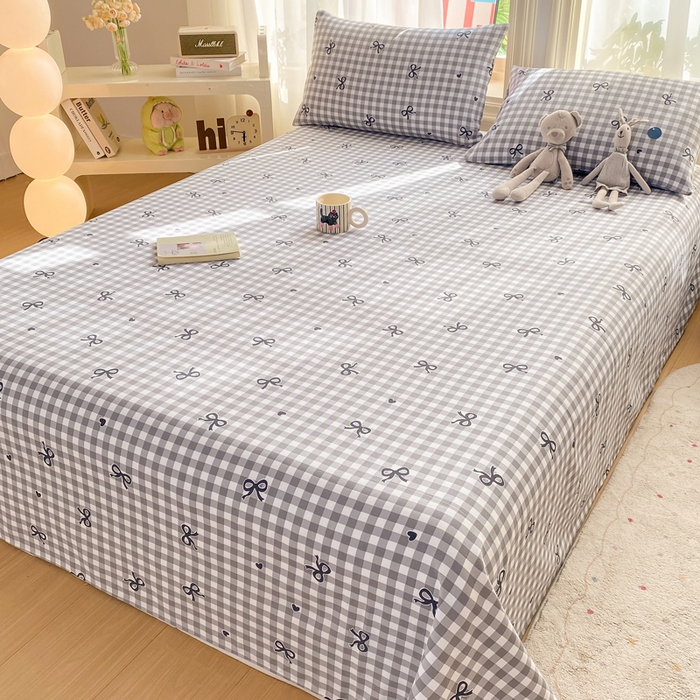 91家纺网 家纺一手货源 找家纺 晓时候 20226新款细纱原棉老粗布床单印花床单单件凉席三件套 蝴蝶结-灰