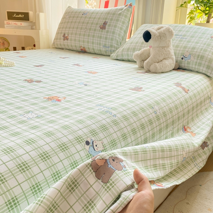 91家纺网 家纺一手货源 找家纺 晓时候 20226新款细纱原棉老粗布床单印花床单单件凉席三件套 童趣西高地