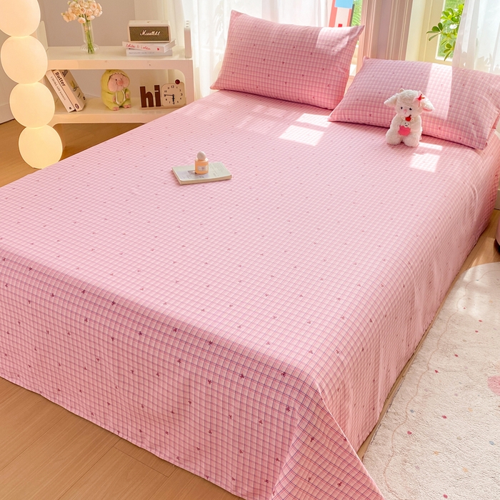 91家纺网 家纺一手货源 找家纺 晓时候 20226新款细纱原棉老粗布床单印花床单单件凉席三件套 粉格蝴蝶结