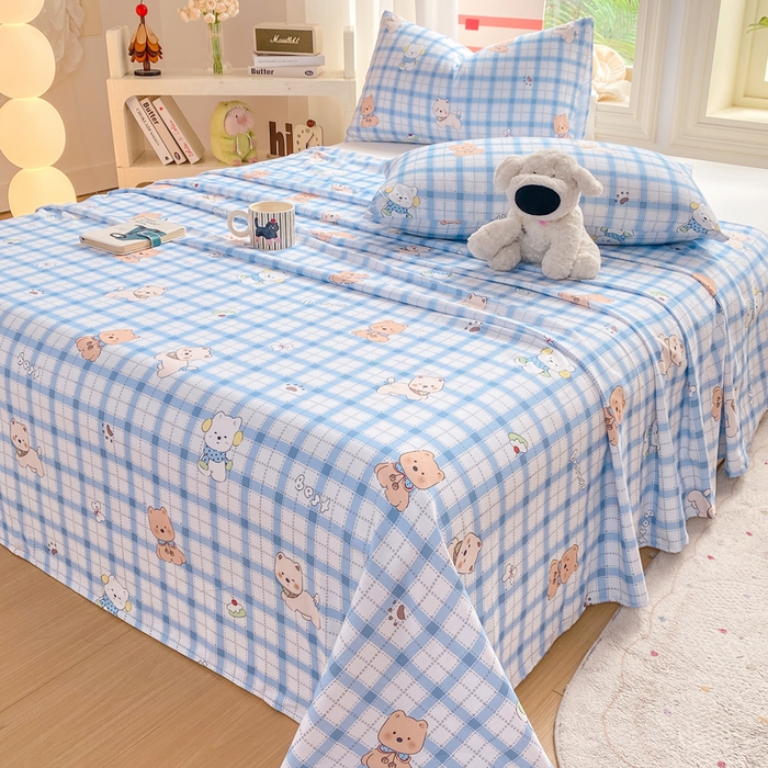 91家纺网 家纺一手货源 找家纺 晓时候 20226新款细纱原棉老粗布床单印花床单单件凉席三件套 星愿萌犬