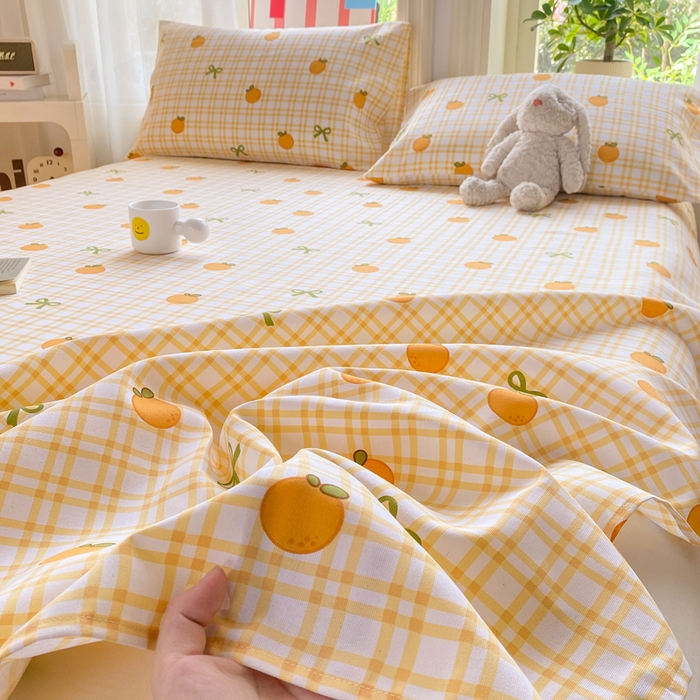 91家纺网 家纺一手货源 找家纺 晓时候 20226新款细纱原棉老粗布床单印花床单单件凉席三件套 橙意满满