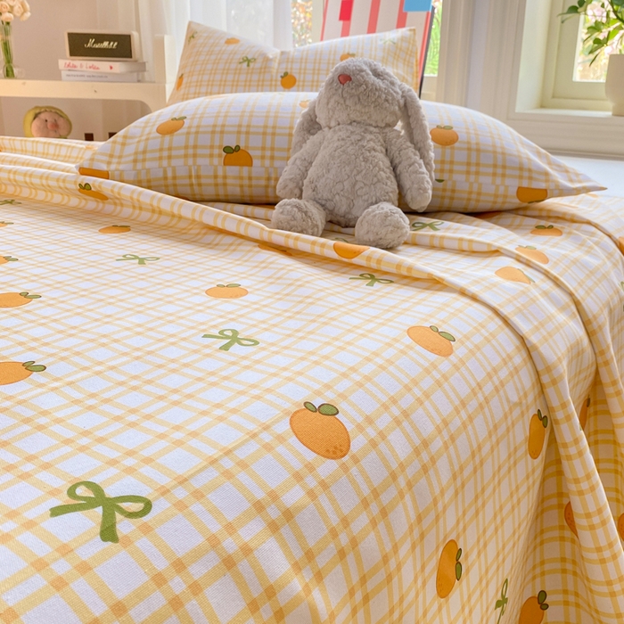 91家纺网 家纺一手货源 找家纺 晓时候 20226新款细纱原棉老粗布床单印花床单单件凉席三件套 橙意满满