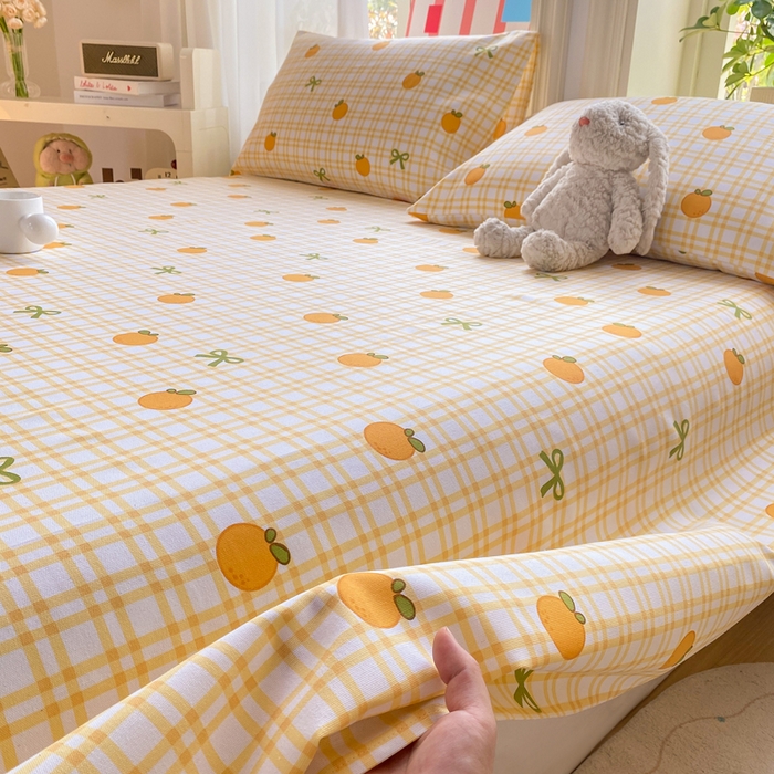 91家纺网 家纺一手货源 找家纺 晓时候 20226新款细纱原棉老粗布床单印花床单单件凉席三件套 橙意满满