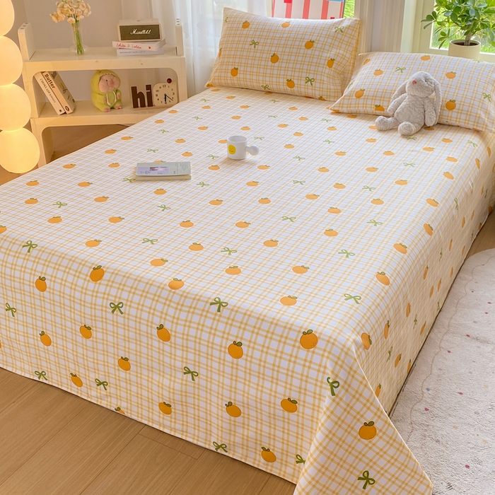 91家纺网 家纺一手货源 找家纺 晓时候 20226新款细纱原棉老粗布床单印花床单单件凉席三件套 橙意满满