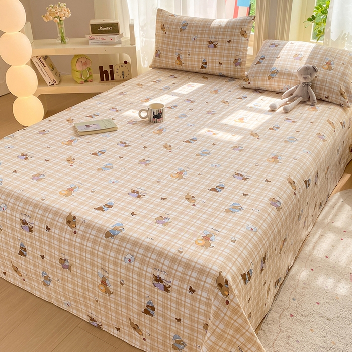 91家纺网 家纺一手货源 找家纺 晓时候 20226新款细纱原棉老粗布床单印花床单单件凉席三件套 欢乐小狗