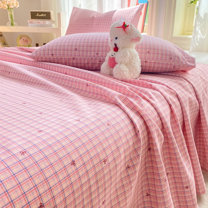 91家纺网 家纺一手货源 找家纺 晓时候 20226新款细纱原棉老粗布床单印花床单单件凉席三件套 粉格蝴蝶结