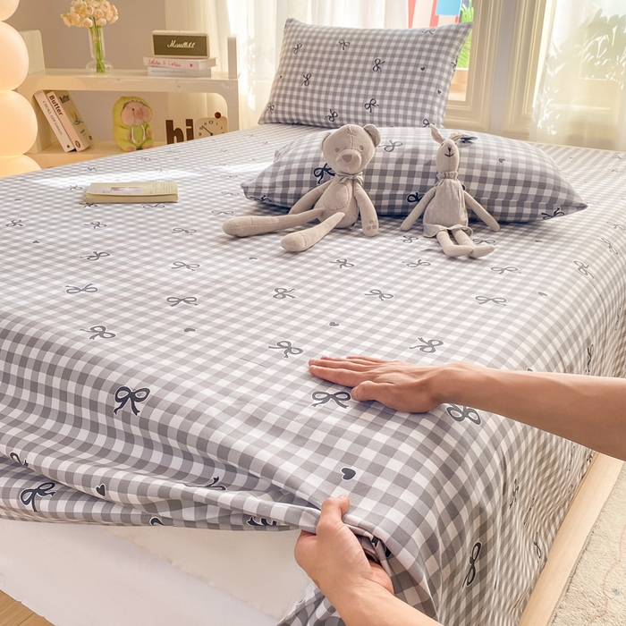 91家纺网 家纺一手货源 找家纺 晓时候 20226新款细纱原棉老粗布床单印花床单单件凉席三件套 蝴蝶结-灰