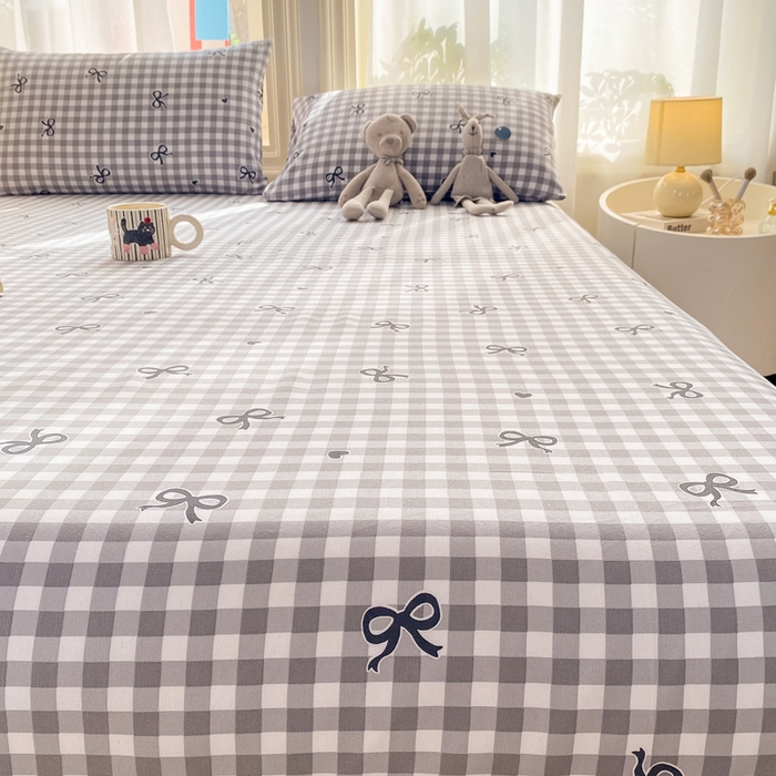 91家纺网 家纺一手货源 找家纺 晓时候 20226新款细纱原棉老粗布床单印花床单单件凉席三件套 蝴蝶结-灰