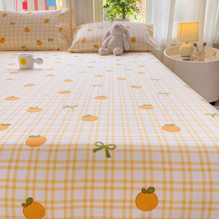 91家纺网 家纺一手货源 找家纺 晓时候 20226新款细纱原棉老粗布床单印花床单单件凉席三件套 橙意满满