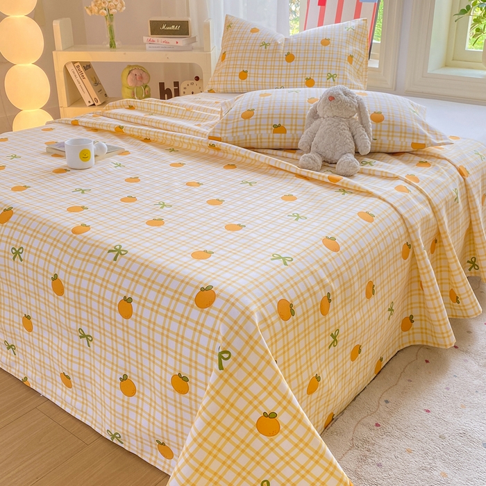 91家纺网 家纺一手货源 找家纺 晓时候 20226新款细纱原棉老粗布床单印花床单单件凉席三件套 橙意满满