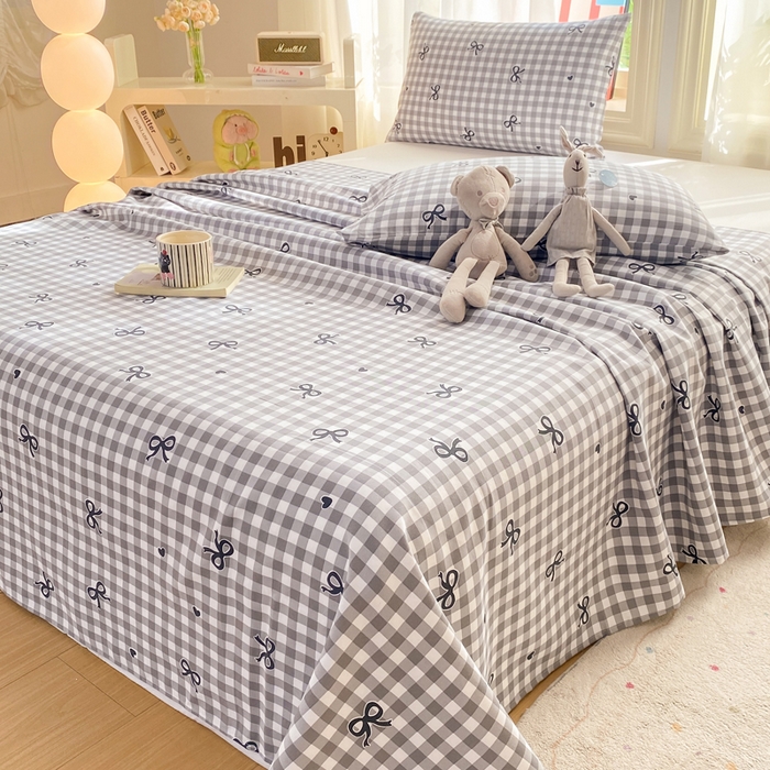 91家纺网 家纺一手货源 找家纺 晓时候 20226新款细纱原棉老粗布床单印花床单单件凉席三件套 蝴蝶结-灰