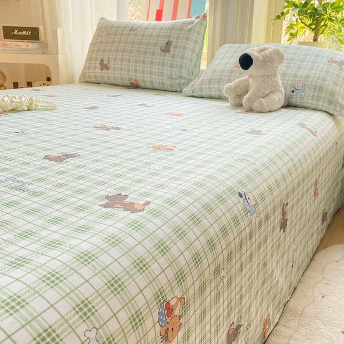 91家纺网 家纺一手货源 找家纺 晓时候 20226新款细纱原棉老粗布床单印花床单单件凉席三件套 童趣西高地