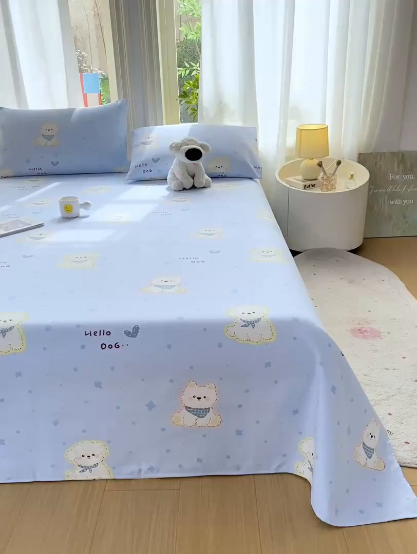 91家纺网 家纺一手货源 找家纺 晓时候 20226新款细纱原棉老粗布床单印花床单单件凉席三件套 甜心汪-蓝