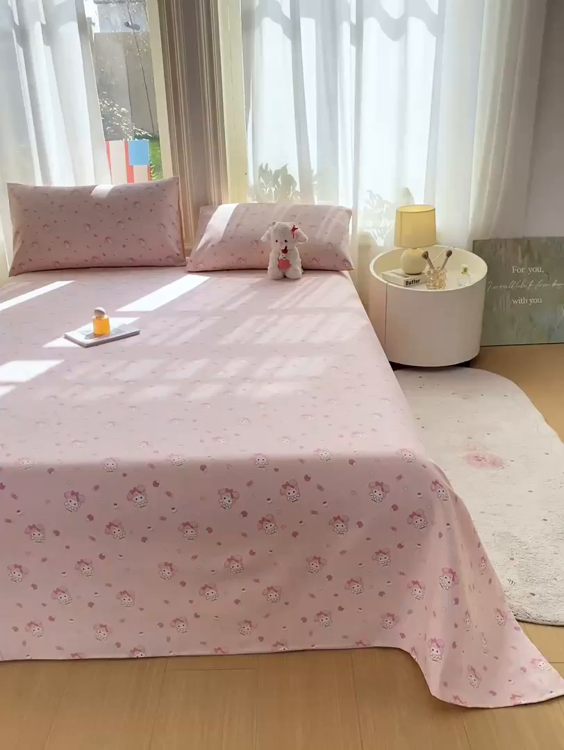 91家纺网 家纺一手货源 找家纺 晓时候 20226新款细纱原棉老粗布床单印花床单单件凉席三件套 小美冰激凌