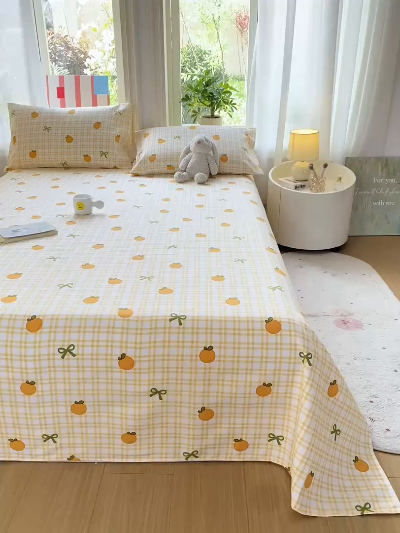 91家纺网 家纺一手货源 找家纺 晓时候 20226新款细纱原棉老粗布床单印花床单单件凉席三件套 橙意满满