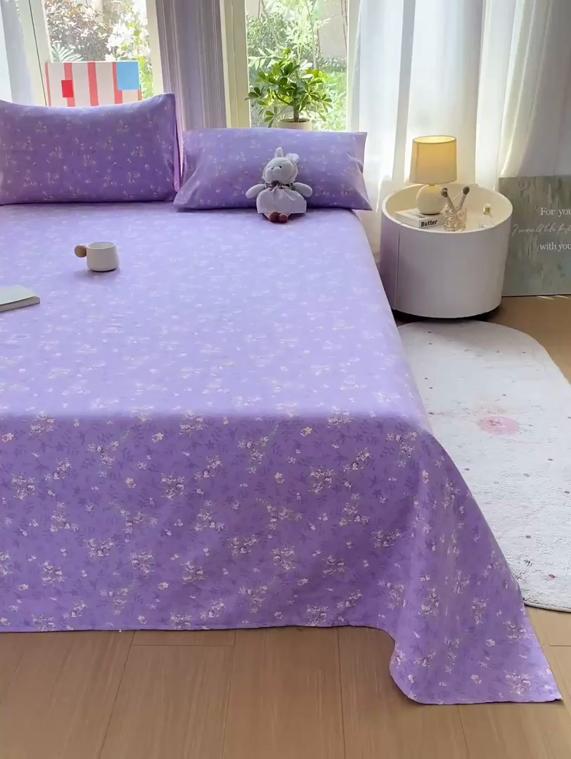 91家纺网 家纺一手货源 找家纺 晓时候 20226新款细纱原棉老粗布床单印花床单单件凉席三件套 紫韵