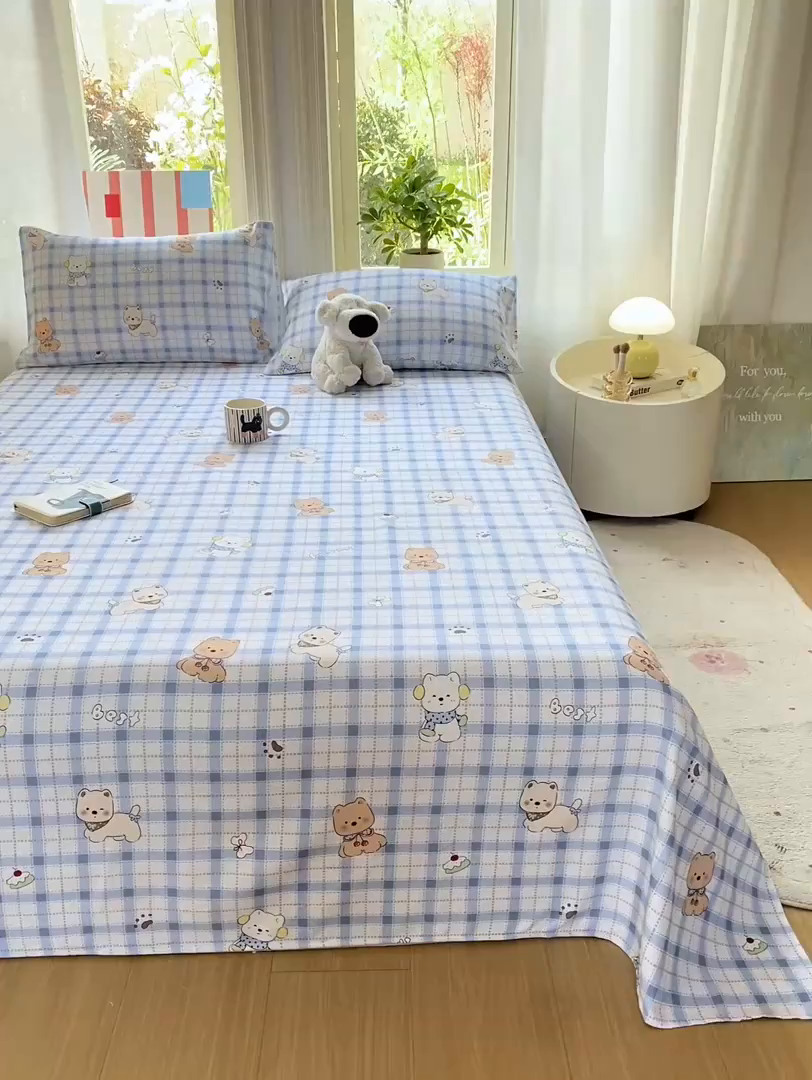 91家纺网 家纺一手货源 找家纺 晓时候 20226新款细纱原棉老粗布床单印花床单单件凉席三件套 星愿萌犬