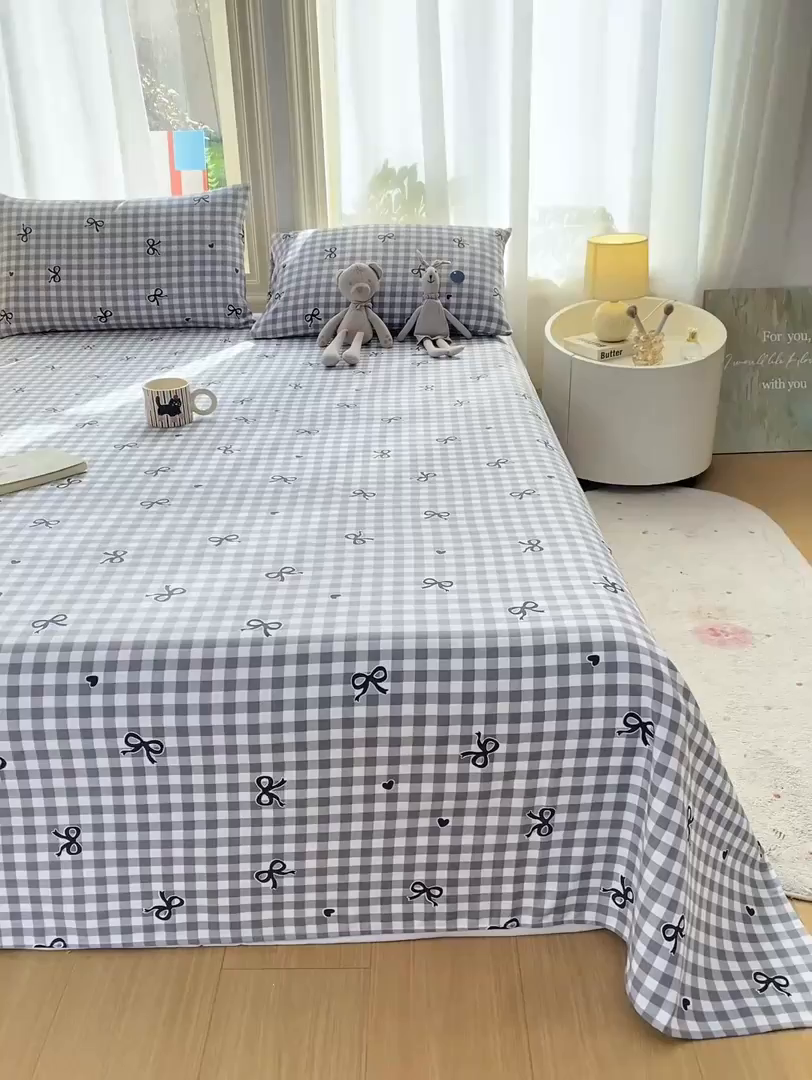 91家纺网 家纺一手货源 找家纺 晓时候 20226新款细纱原棉老粗布床单印花床单单件凉席三件套 蝴蝶结-灰