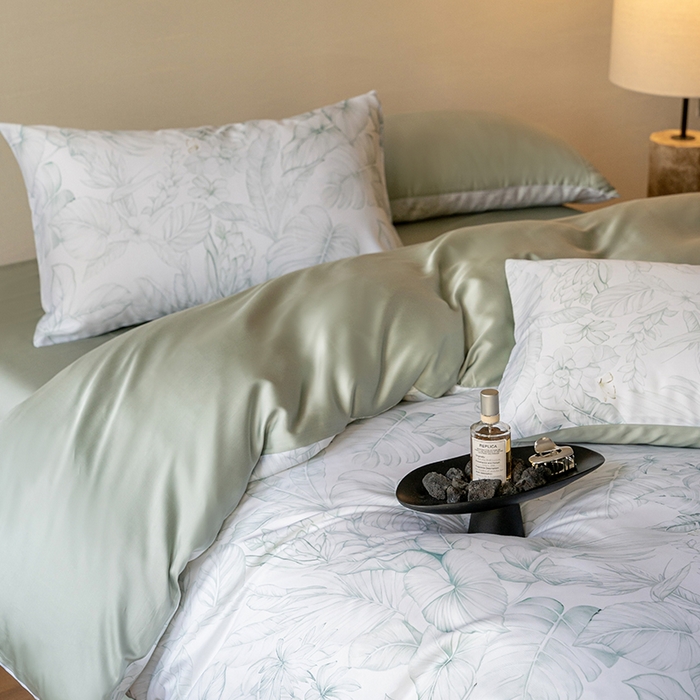 91家纺网 家纺一手货源 找家纺 帛美家纺 2026新款60s奥地利兰精天丝四件套 叶影-绿