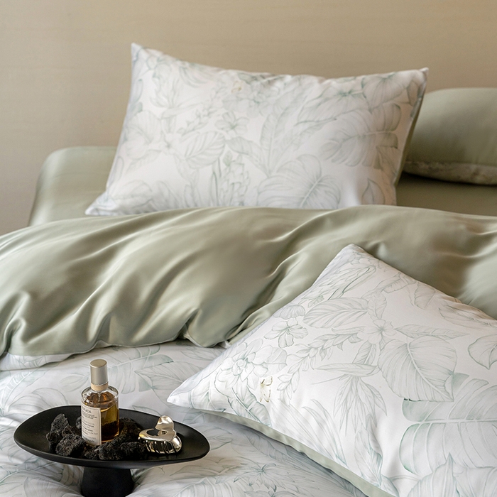 91家纺网 家纺一手货源 找家纺 帛美家纺 2026新款60s奥地利兰精天丝四件套 叶影-绿