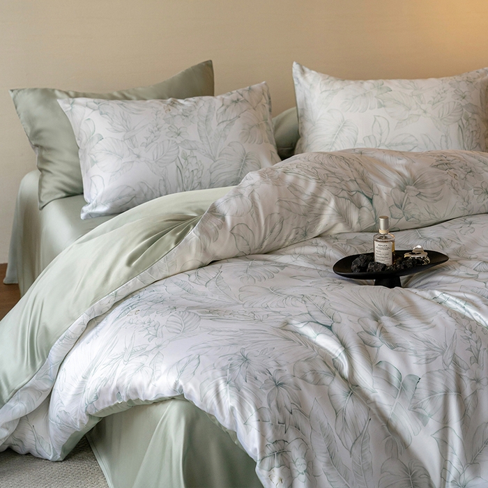 91家纺网 家纺一手货源 找家纺 帛美家纺 2026新款60s奥地利兰精天丝四件套 叶影-绿