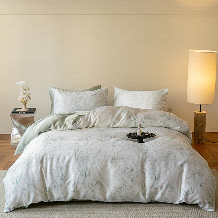 91家纺网 家纺一手货源 找家纺 帛美家纺 2026新款60s奥地利兰精天丝四件套 叶影-绿