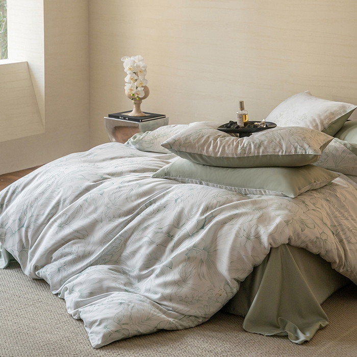 91家纺网 家纺一手货源 找家纺 帛美家纺 2026新款60s奥地利兰精天丝四件套 叶影-绿