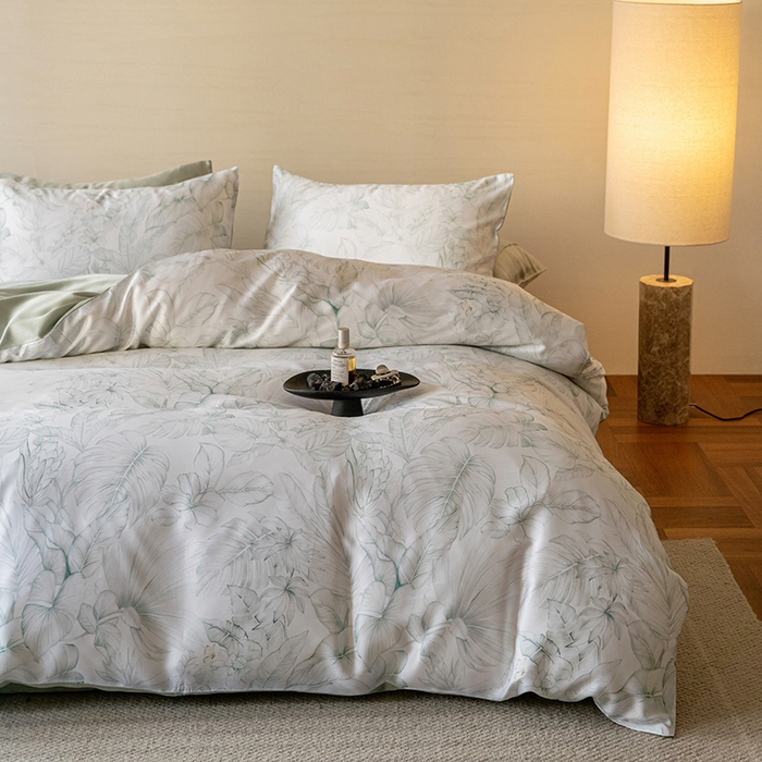 91家纺网 家纺一手货源 找家纺 帛美家纺 2026新款60s奥地利兰精天丝四件套 叶影-绿