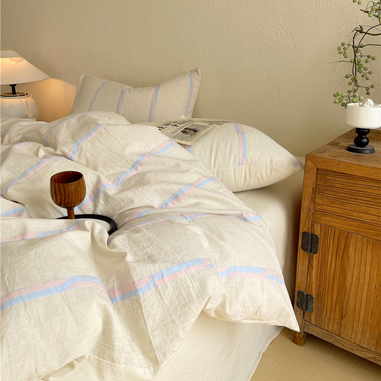 91家纺网 家纺一手货源 找家纺 （总）琪格格纺织 2026新款A类棉麻亚麻侘寂风条纹提花四件套-平行线系列