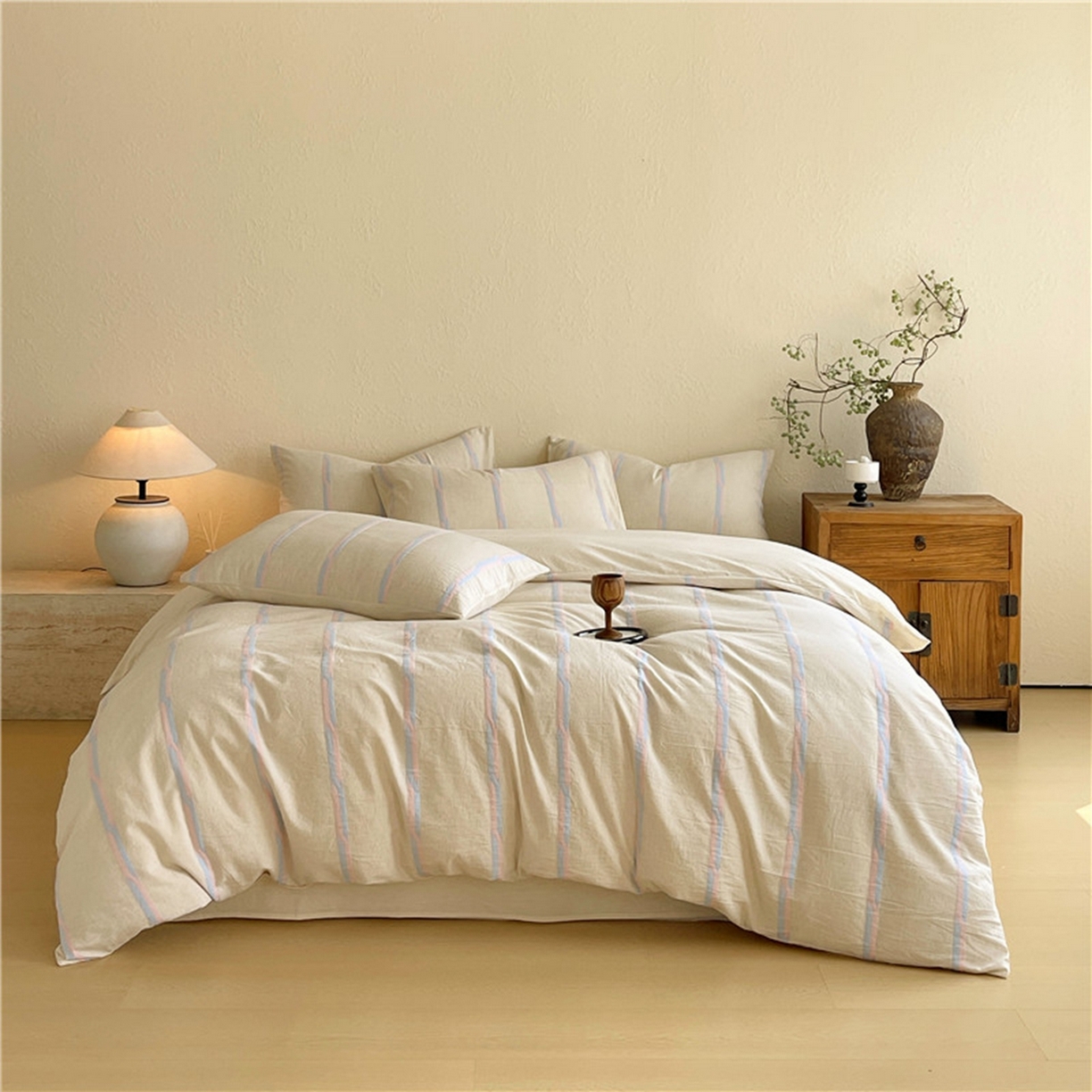 91家纺网 家纺一手货源 找家纺 （总）琪格格纺织 2026新款A类棉麻亚麻侘寂风条纹提花四件套-平行线系列