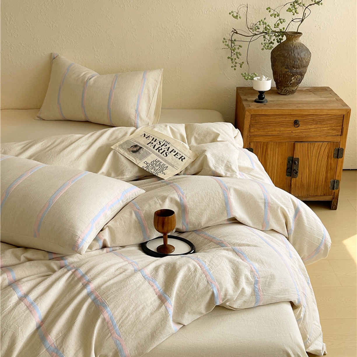 91家纺网 家纺一手货源 找家纺 （总）琪格格纺织 2026新款A类棉麻亚麻侘寂风条纹提花四件套-平行线系列