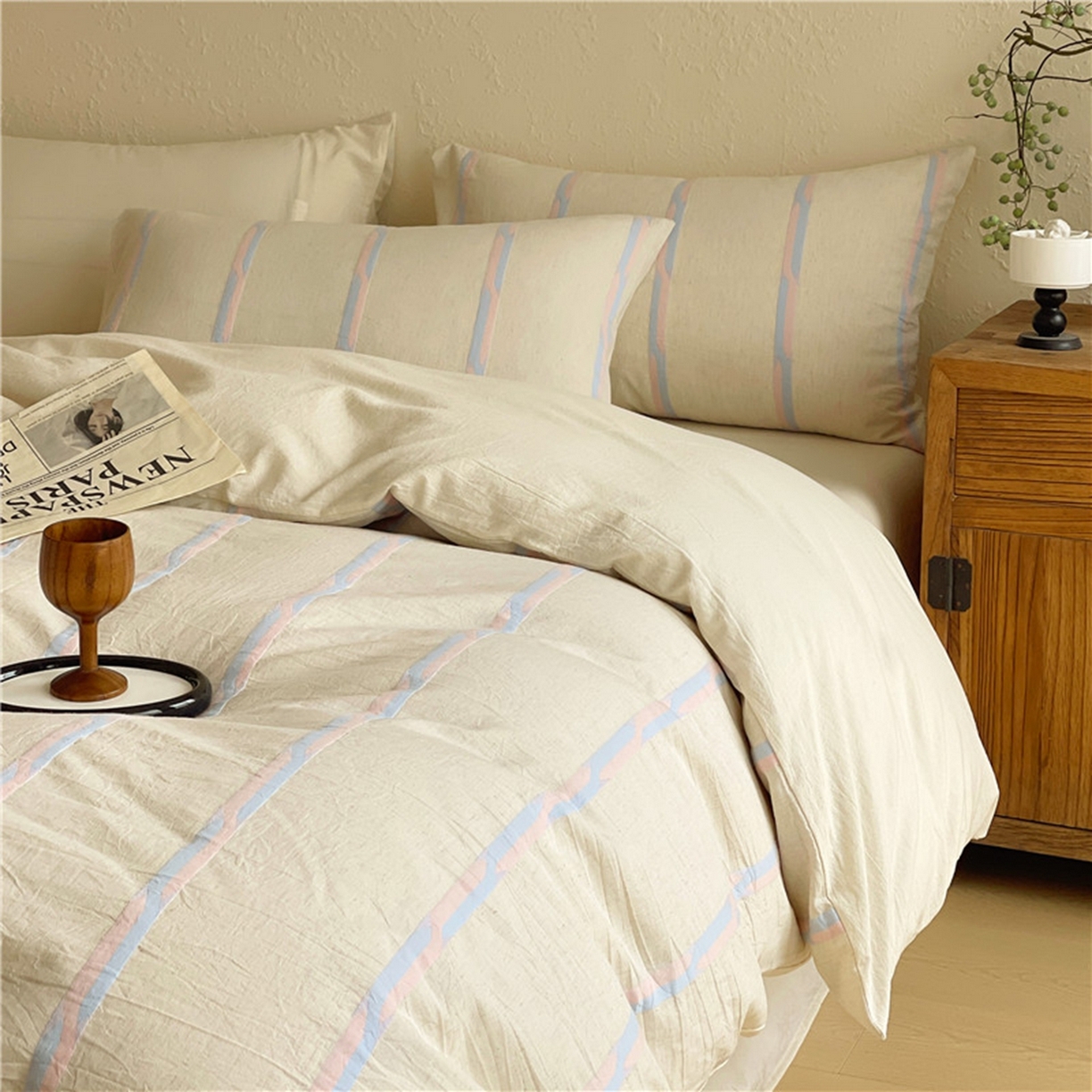 91家纺网 家纺一手货源 找家纺 （总）琪格格纺织 2026新款A类棉麻亚麻侘寂风条纹提花四件套-平行线系列