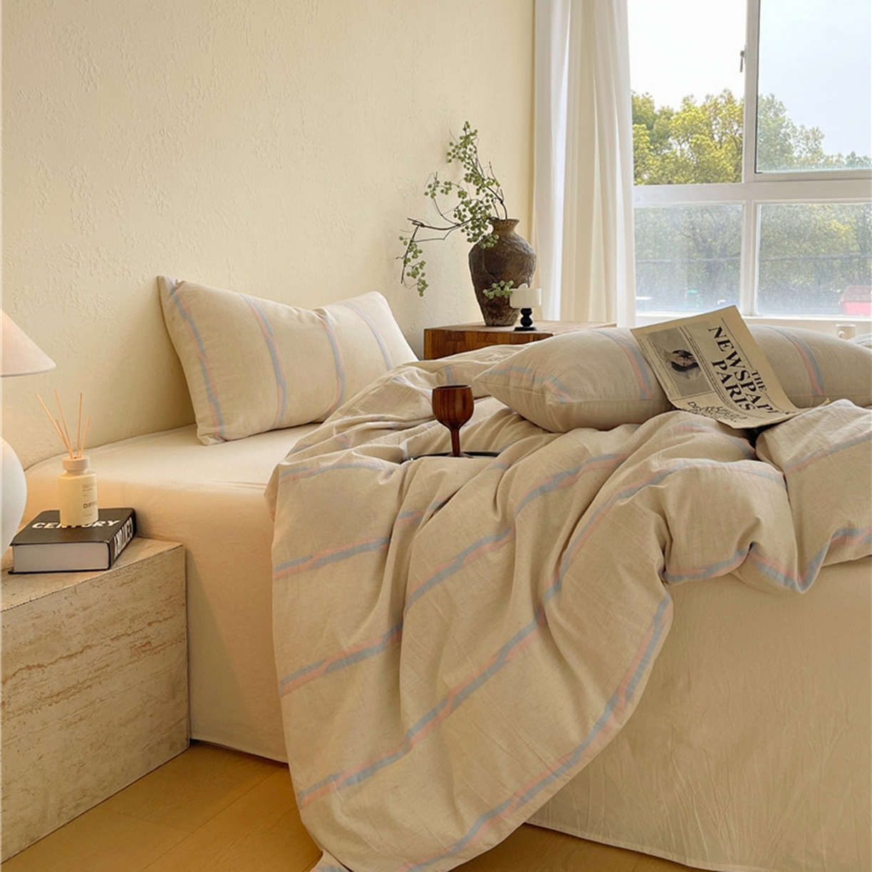 91家纺网 家纺一手货源 找家纺 琪格格纺织 2026新款A类棉麻亚麻侘寂风条纹提花四件套-平行线系列 平行线 粉条