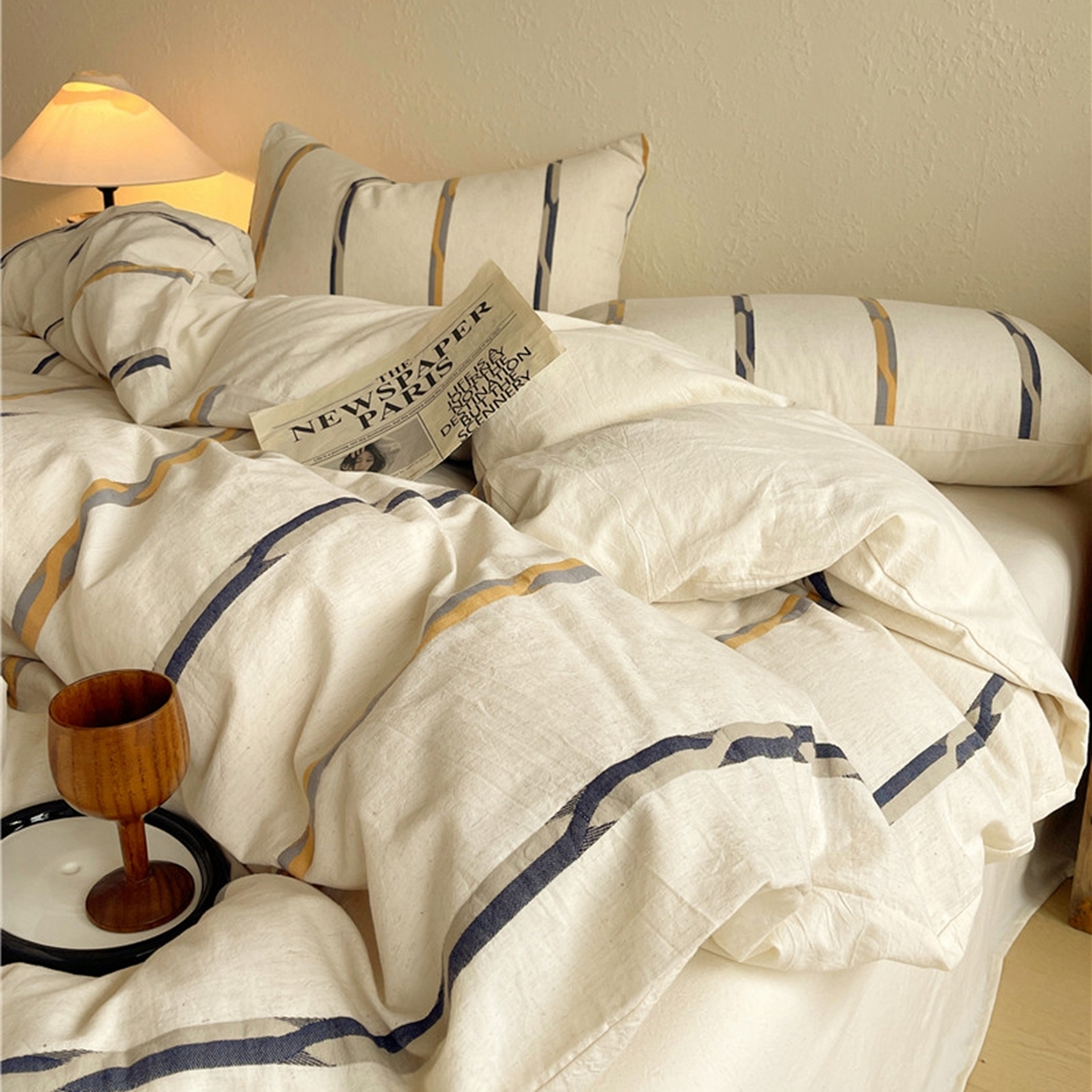 91家纺网 家纺一手货源 找家纺 琪格格纺织 2026新款A类棉麻亚麻侘寂风条纹提花四件套-平行线系列 平行线 咖条