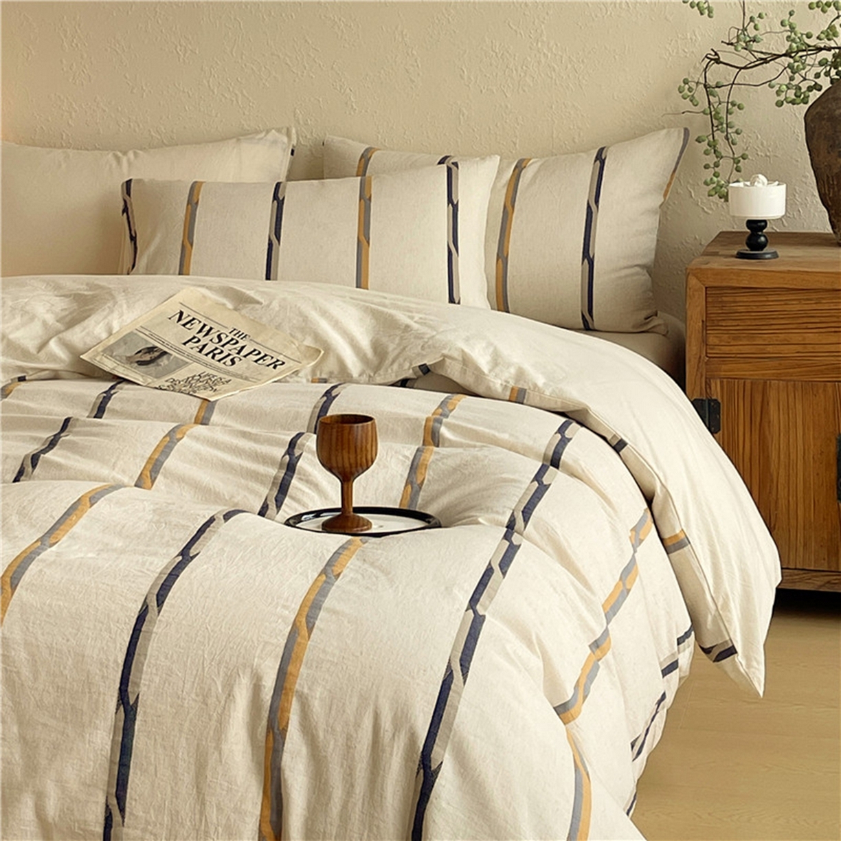 91家纺网 家纺一手货源 找家纺 琪格格纺织 2026新款A类棉麻亚麻侘寂风条纹提花四件套-平行线系列 平行线 咖条