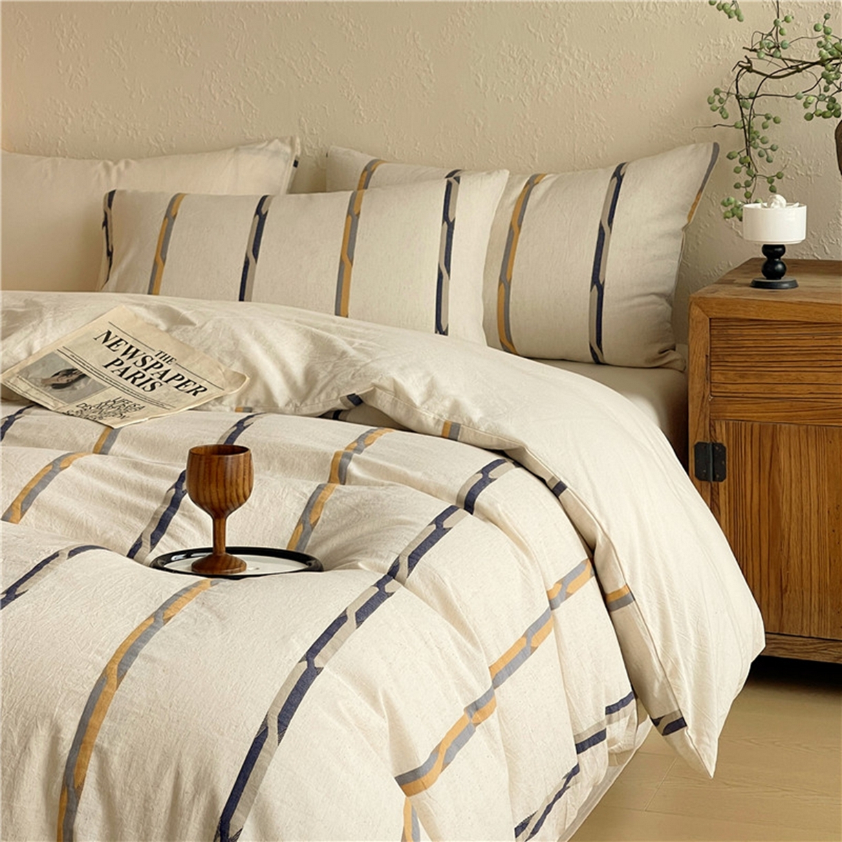 91家纺网 家纺一手货源 找家纺 琪格格纺织 2026新款A类棉麻亚麻侘寂风条纹提花四件套-平行线系列 平行线 咖条