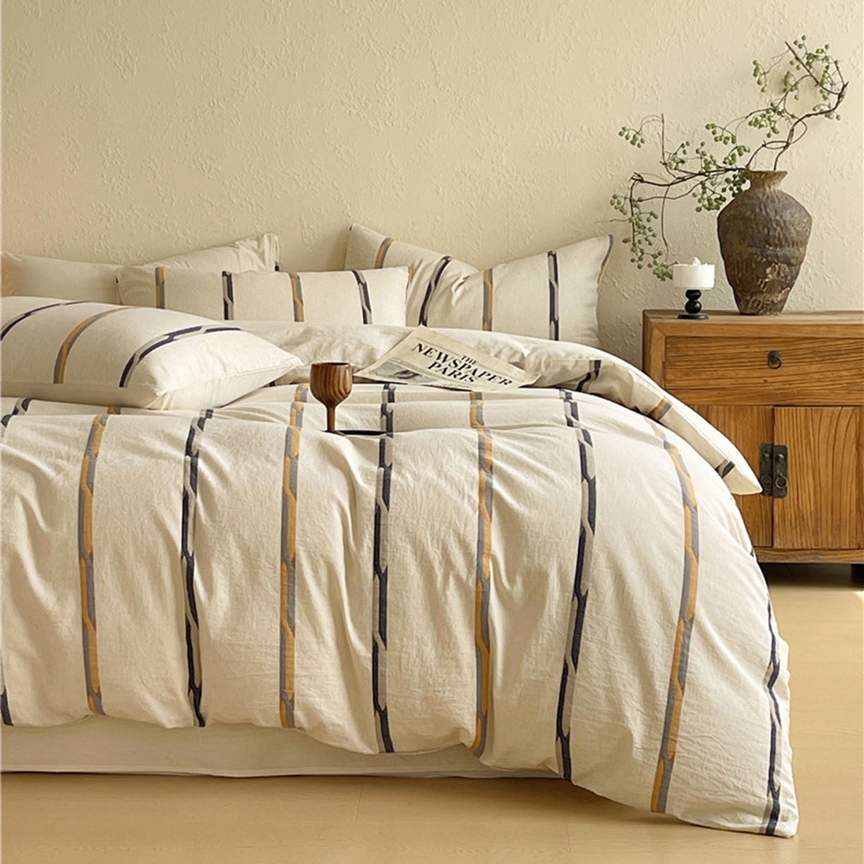 91家纺网 家纺一手货源 找家纺 琪格格纺织 2026新款A类棉麻亚麻侘寂风条纹提花四件套-平行线系列 平行线 咖条