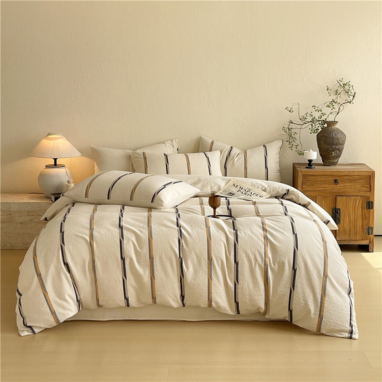 91家纺网 家纺一手货源 找家纺 琪格格纺织 2026新款A类棉麻亚麻侘寂风条纹提花四件套-平行线系列 平行线 咖条