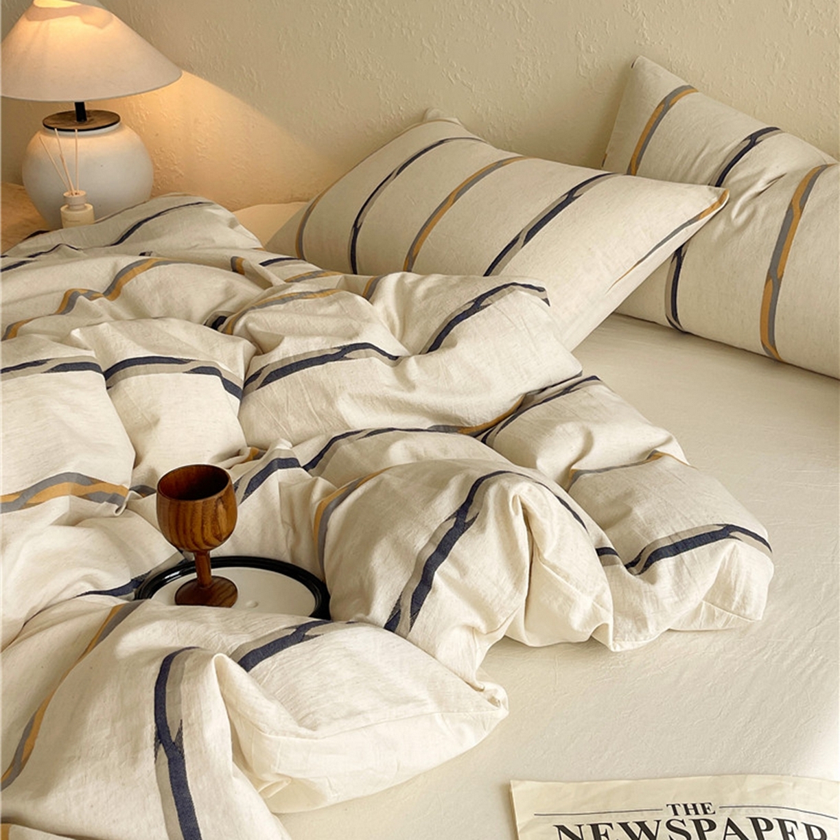 91家纺网 家纺一手货源 找家纺 琪格格纺织 2026新款A类棉麻亚麻侘寂风条纹提花四件套-平行线系列 平行线 咖条