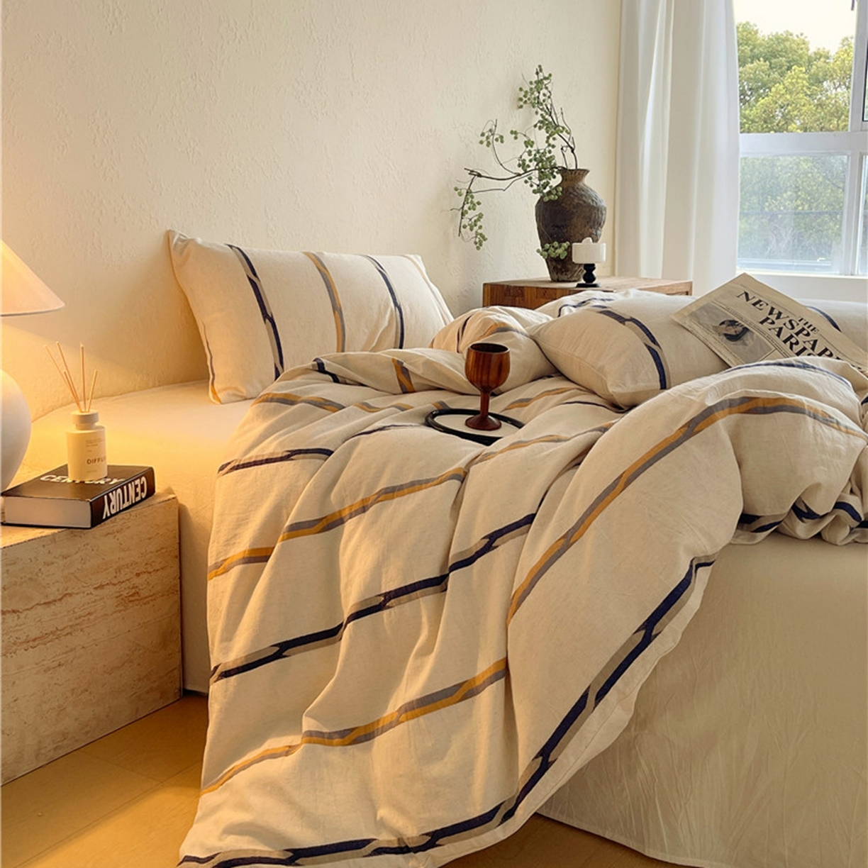 91家纺网 家纺一手货源 找家纺 琪格格纺织 2026新款A类棉麻亚麻侘寂风条纹提花四件套-平行线系列 平行线 咖条