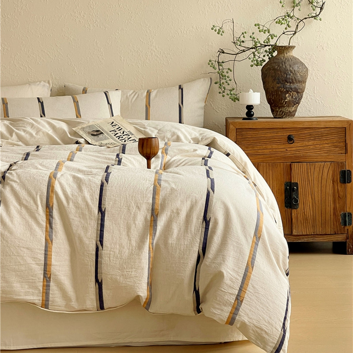 91家纺网 家纺一手货源 找家纺 琪格格纺织 2026新款A类棉麻亚麻侘寂风条纹提花四件套-平行线系列 平行线 咖条