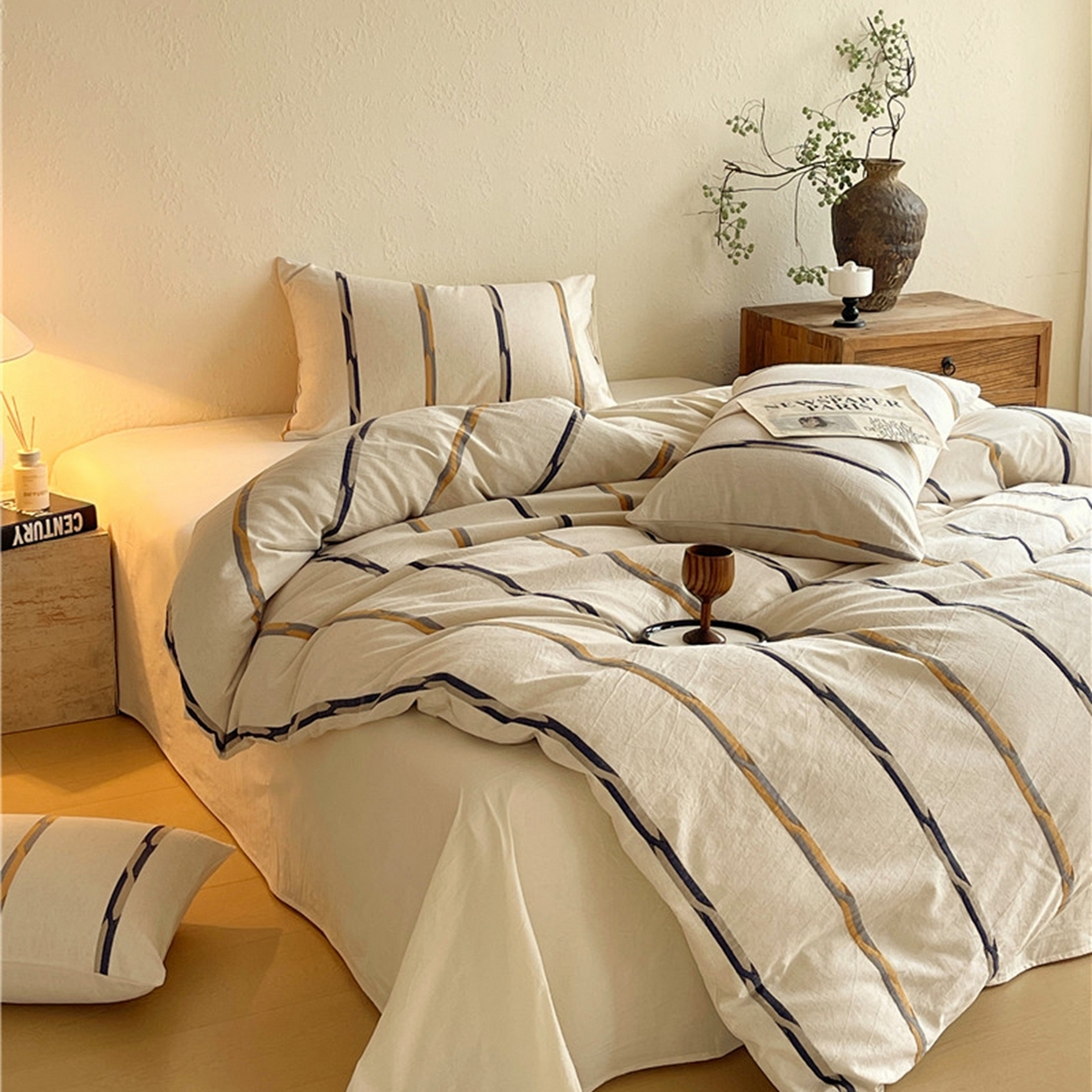 91家纺网 家纺一手货源 找家纺 琪格格纺织 2026新款A类棉麻亚麻侘寂风条纹提花四件套-平行线系列 平行线 咖条