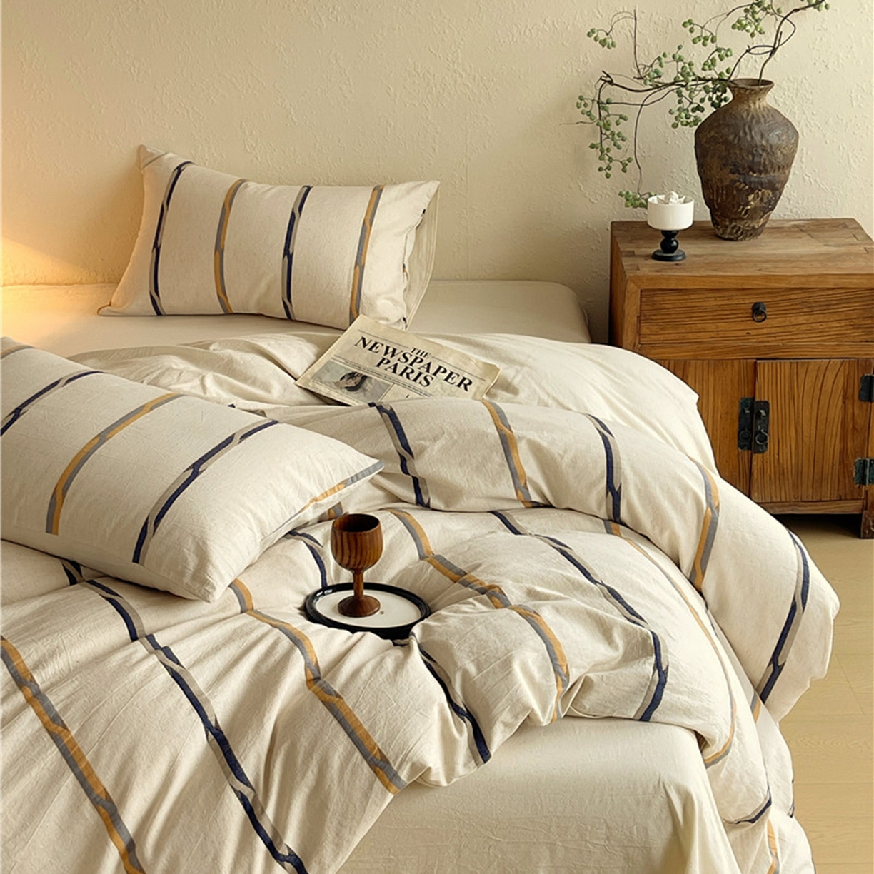 91家纺网 家纺一手货源 找家纺 琪格格纺织 2026新款A类棉麻亚麻侘寂风条纹提花四件套-平行线系列 平行线 咖条