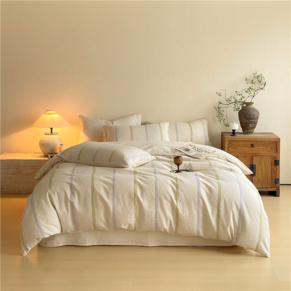 91家纺网 家纺一手货源 找家纺 琪格格纺织 2026新款A类棉麻亚麻侘寂风条纹提花四件套-平行线系列 平行线-绿条