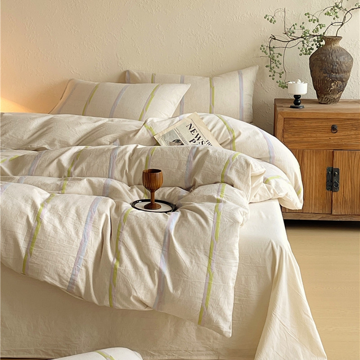 91家纺网 家纺一手货源 找家纺 琪格格纺织 2026新款A类棉麻亚麻侘寂风条纹提花四件套-平行线系列 平行线-绿条