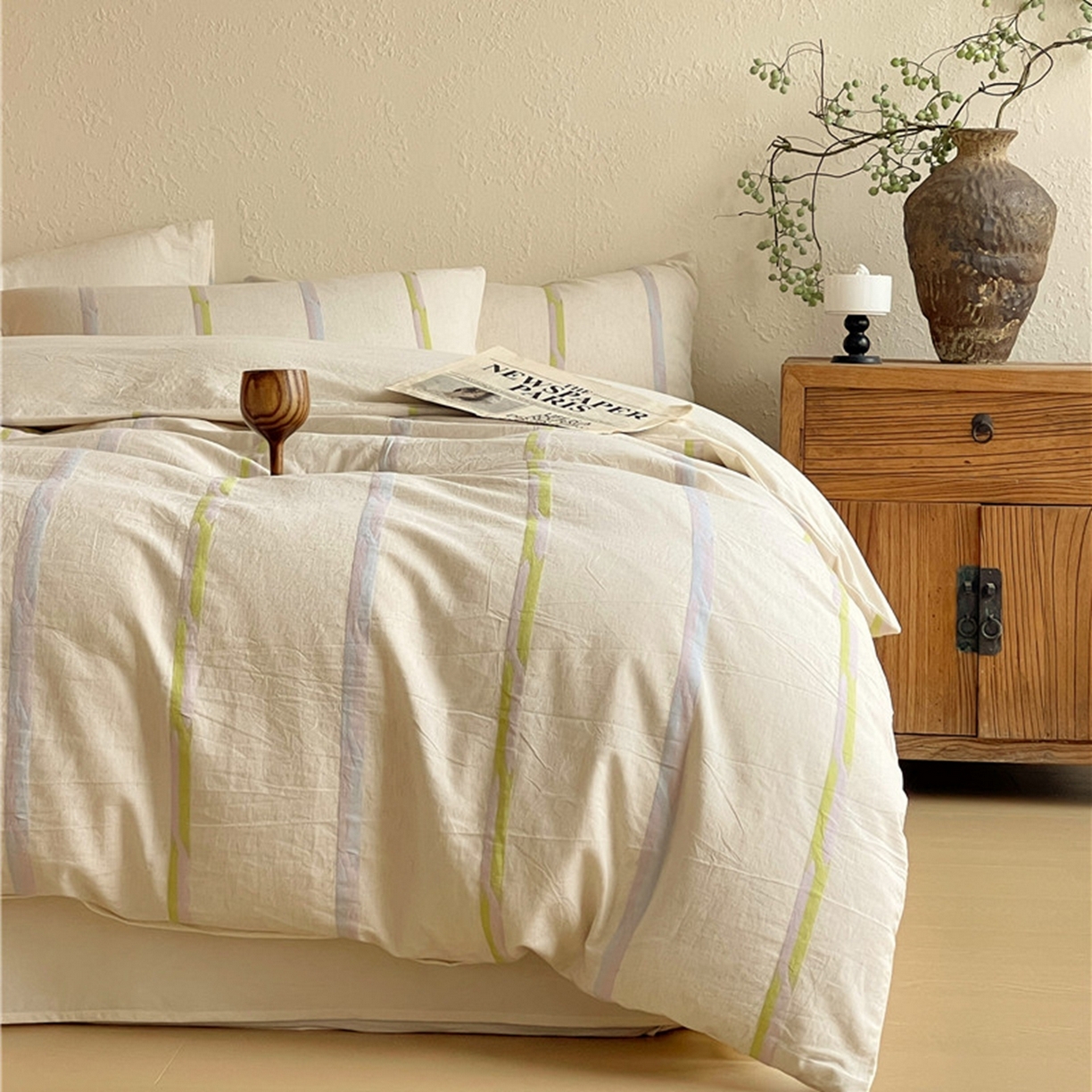 91家纺网 家纺一手货源 找家纺 琪格格纺织 2026新款A类棉麻亚麻侘寂风条纹提花四件套-平行线系列 平行线-绿条