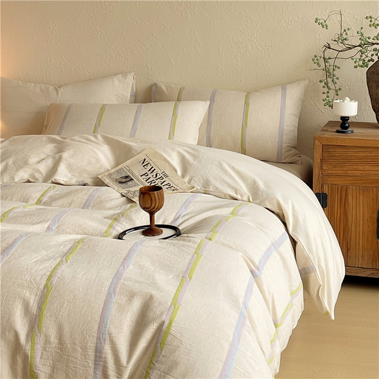 91家纺网 家纺一手货源 找家纺 琪格格纺织 2026新款A类棉麻亚麻侘寂风条纹提花四件套-平行线系列 平行线-绿条