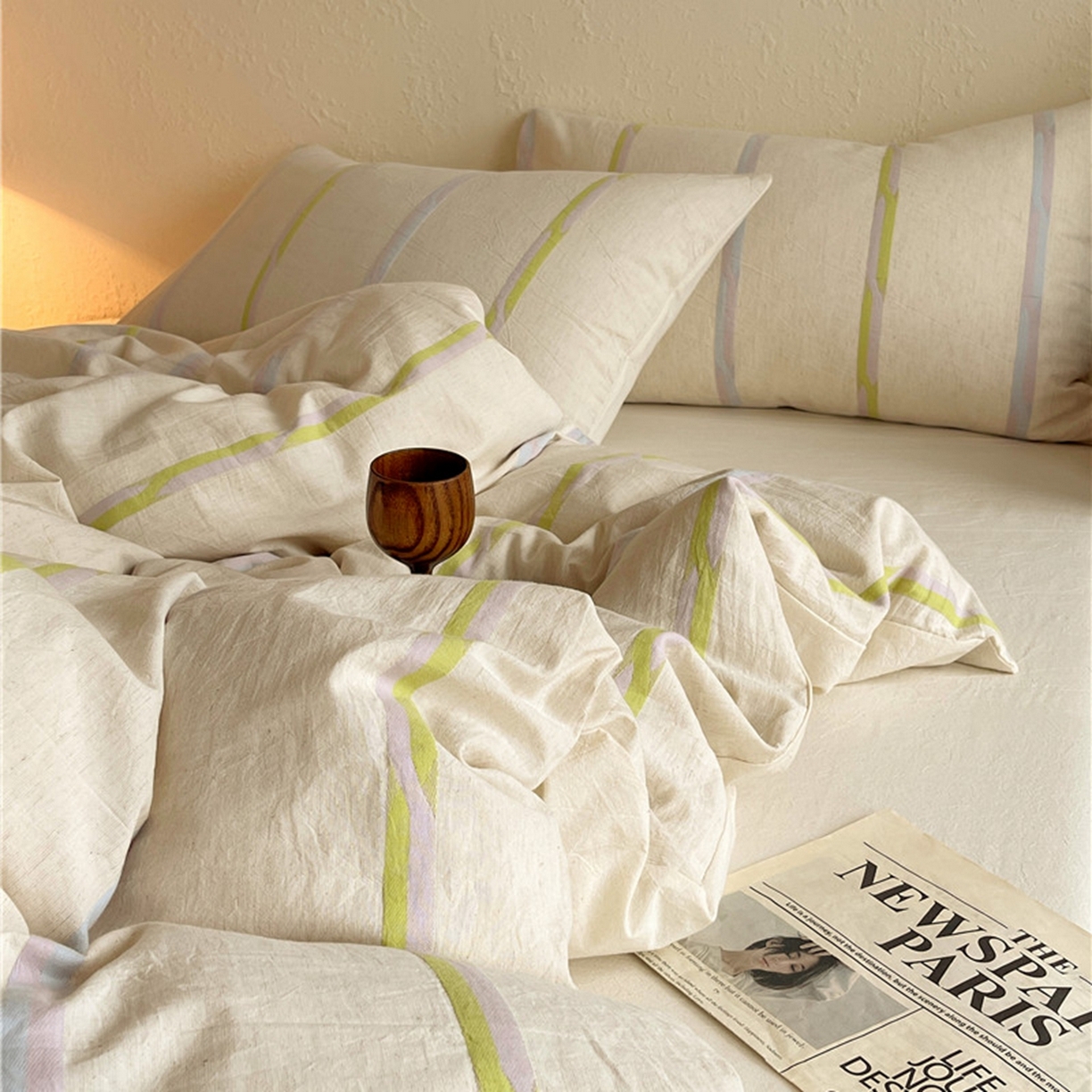 91家纺网 家纺一手货源 找家纺 琪格格纺织 2026新款A类棉麻亚麻侘寂风条纹提花四件套-平行线系列 平行线-绿条