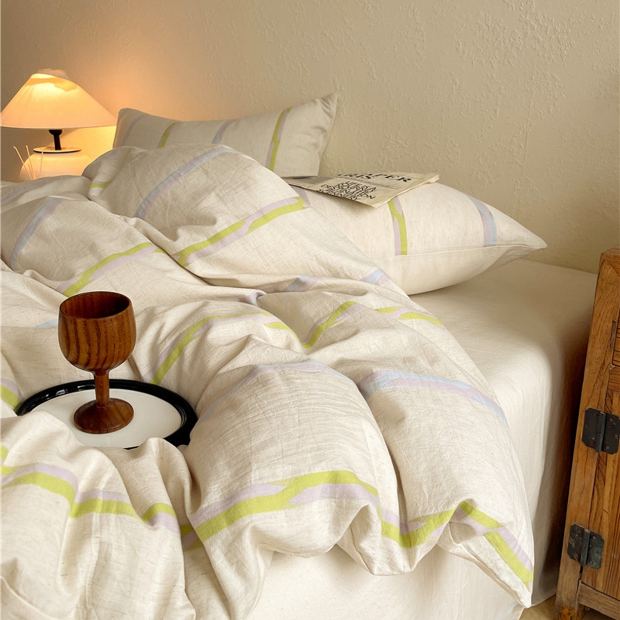 91家纺网 家纺一手货源 找家纺 琪格格纺织 2026新款A类棉麻亚麻侘寂风条纹提花四件套-平行线系列 平行线-绿条